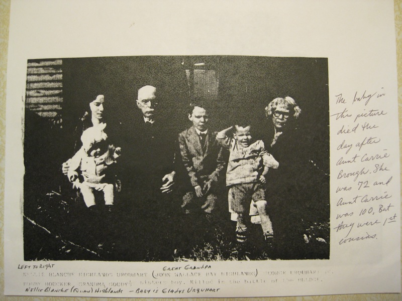 Left to Right: Nellie Blanche Highlands Urquhart, John Wallace Bay Highlands, George Urquhart, Bobby Houcker, Nellie Blanche (Quay) Highlands, Baby is Gladys Urquhart